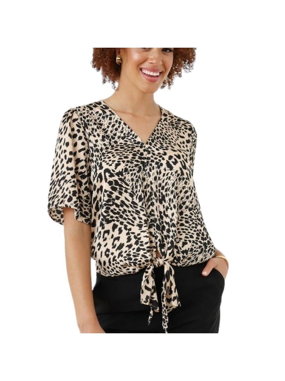 Haver + Blair Tie Front Animal Print Leopard Blouse Size Large